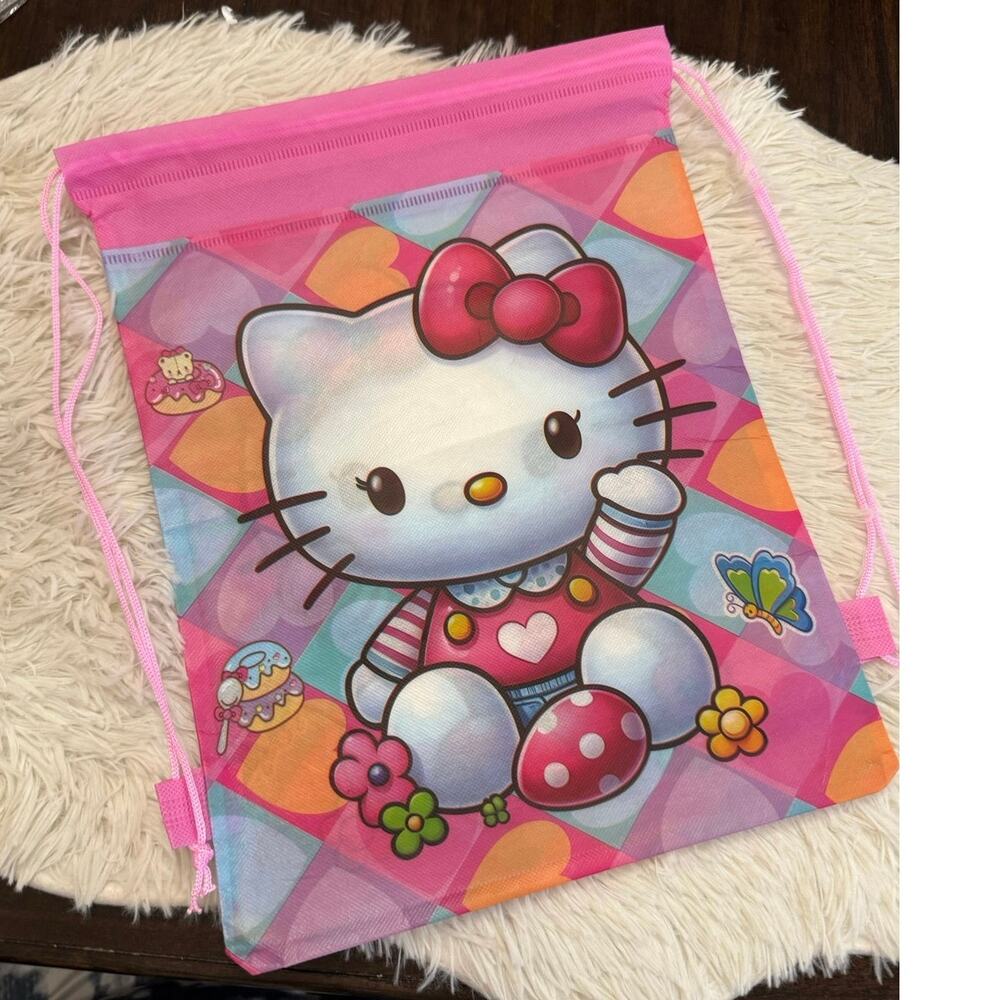 Hello Kitty pink & white draw string backpack mushrooms, flowers, and hearts